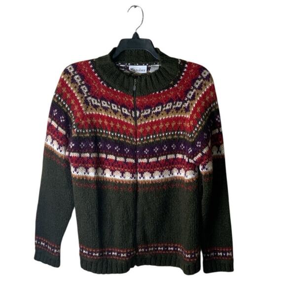 Tanjay Nordic Sweater Women L Striped Full Zip Stretch Rib Knit Preppy Americana - Picture 1 of 6